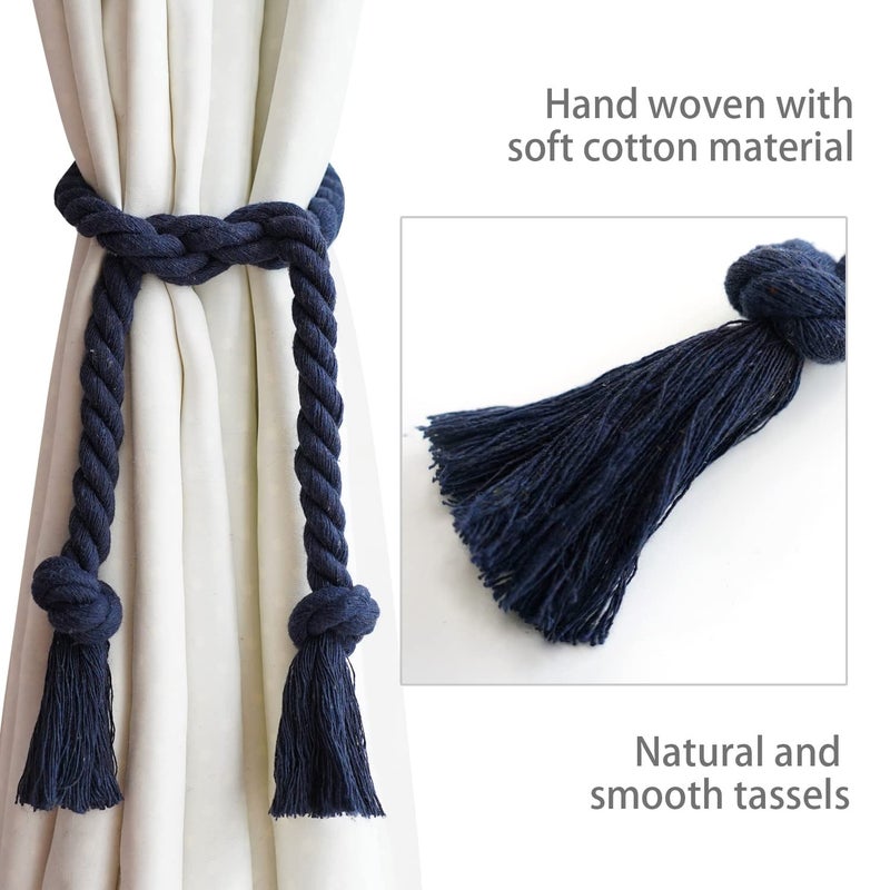 Yteseery 4 Pack Navy Blue Outdoor Curtain Tiebacks Rope, Natural Cotton Curtain Holders, Village Rural Rustic Curtain Holdbacks, Farmhouse Nautical Curtain Rope Tie Back for Drapery Patio - Image 2